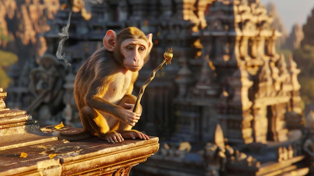 Una scimmia si siede su una sporgenza di fronte a un antico tempio la scimmia tiene un bastone d'oro e guarda la vista