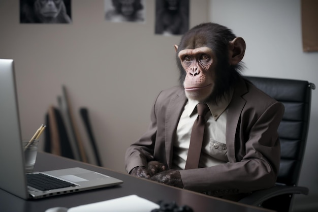 Una scimmia siede a una scrivania davanti a un computer portatile.