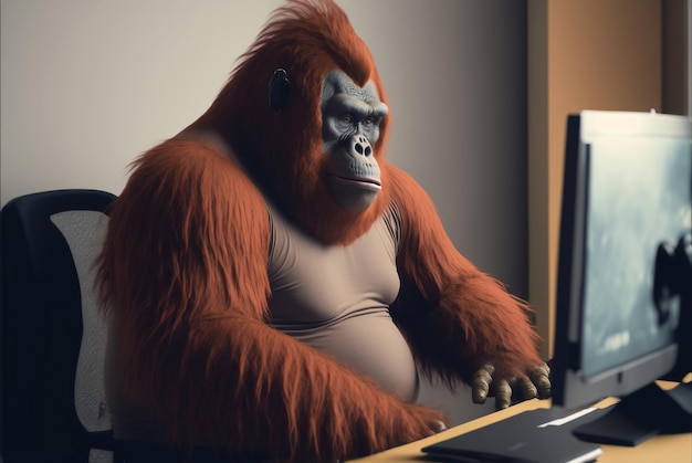 Una scimmia siede al computer davanti a un monitor.
