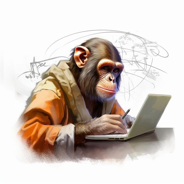 Una scimmia sta lavorando su un portatile e le parole " scimmia ".