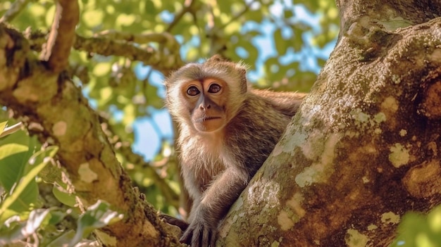 Una scimmia su un albero con foglie sui rami
