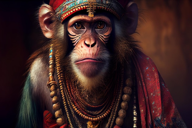 Una scimmia vestita di rosso con una corona e una corona.