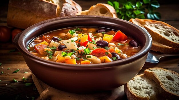 Una scodella di zuppa con del pane a parte