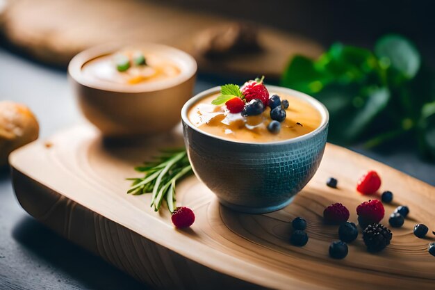 una scodella di zuppa con frutti di bosco e frutti di bosco su una tavola di legno