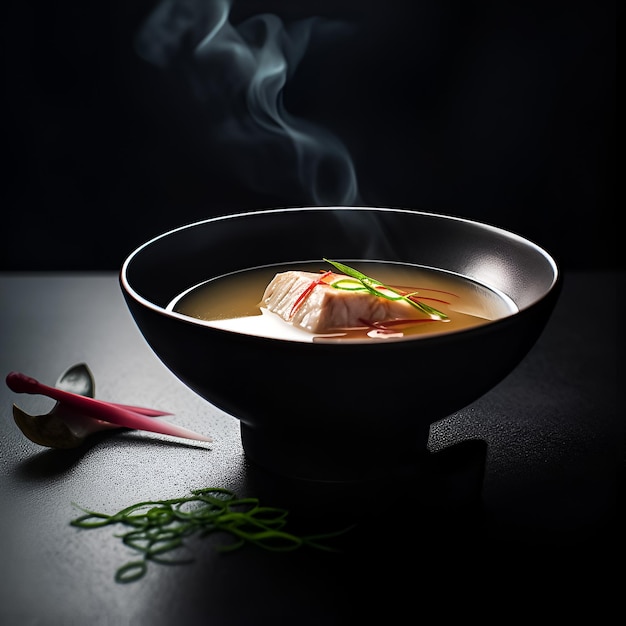 Una scodella di zuppa con sopra un pezzo di pesce e una foglia verde a lato.