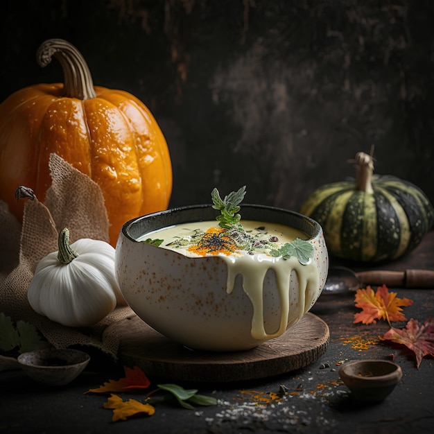 Una scodella di zuppa con una zucca e una zucca a parte.