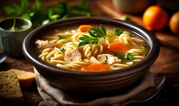 Una scodella di zuppa di noodle al pollo calda e confortante IA generativa