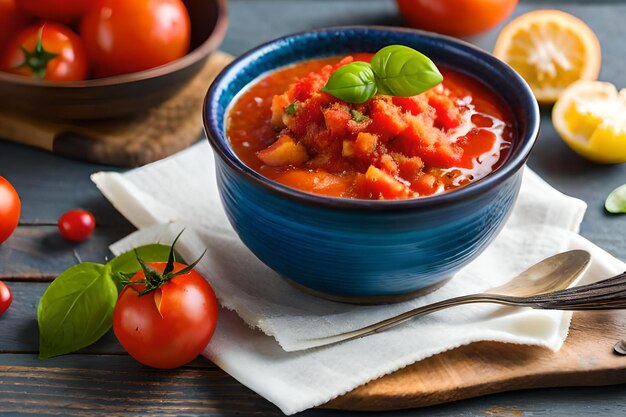 Una scodella di zuppa di pomodoro con foglie di basilico su un tovagliolo.