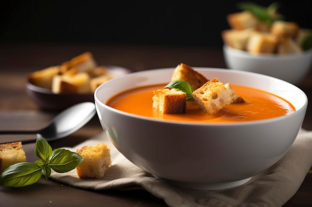 Una scodella di zuppa di pomodoro con pane a parte