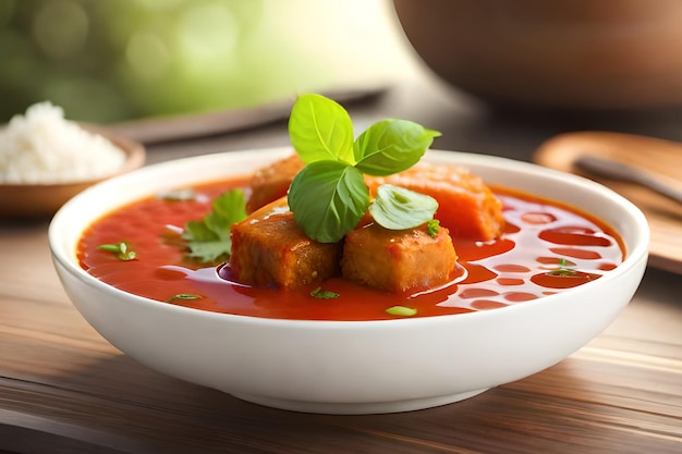 Una scodella di zuppa di pomodoro con sopra una guarnizione di basilico.