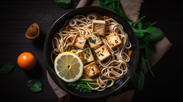 Una scodella di zuppa di tofu con sopra una fetta di limone