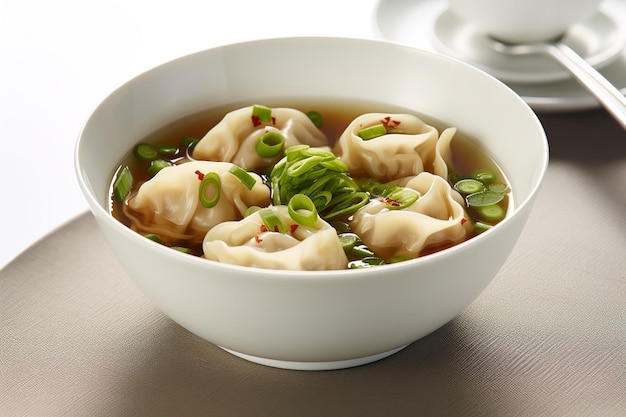 Una scodella di zuppa di wonton con cipolle verdi e scalogno.