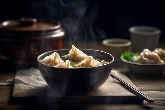 Una scodella di zuppa di wonton con sopra una foglia verde