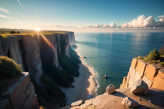 Una scogliera con vista sull'oceano e il sole che tramonta sulle scogliere.