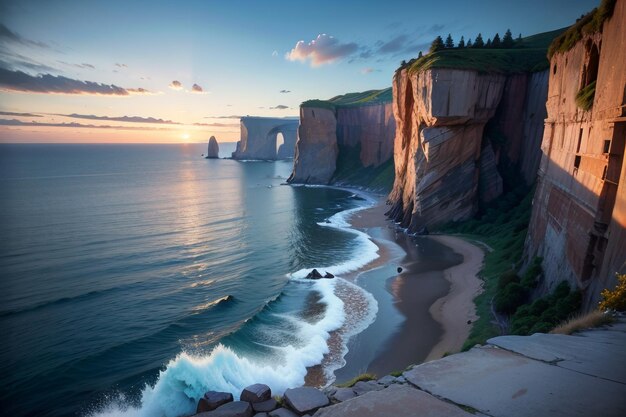 Una scogliera nell'oceano con il sole che tramonta dietro di essa.