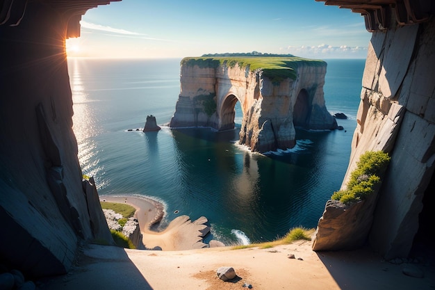 Una scogliera nell'oceano con il sole che tramonta dietro di essa