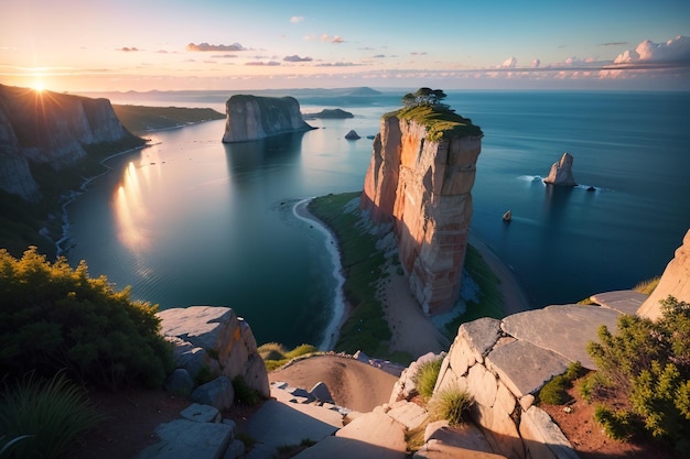 Una scogliera rocciosa con un tramonto sullo sfondo