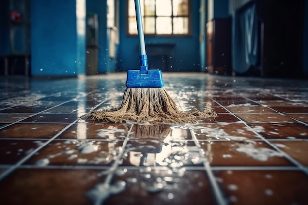 Una scopa blu sta pulendo il pavimento di una casa.