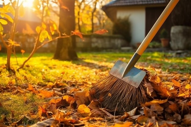 Una scopa è davanti a una casa e le foglie stanno ingiallendo.