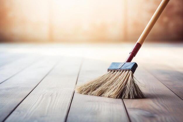 Una scopa su un pavimento in legno con manico in legno.