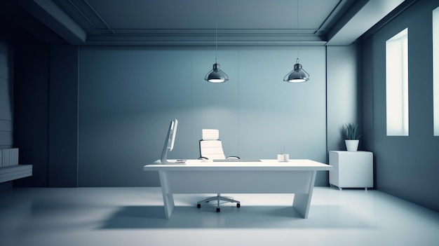 Una scrivania bianca con una sedia bianca e una lampada con su scritto "sono un capo".