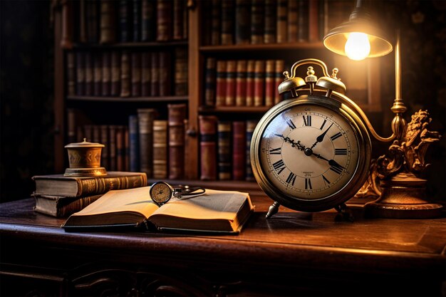 Una scrivania con sopra un orologio e un libro