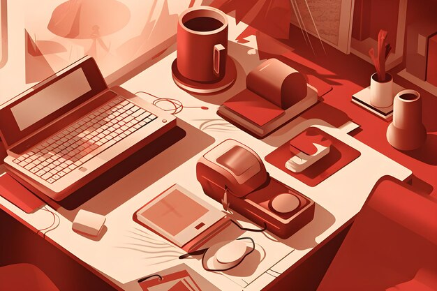 Una scrivania con un computer portatile, una tazza, un telefono e un libro.