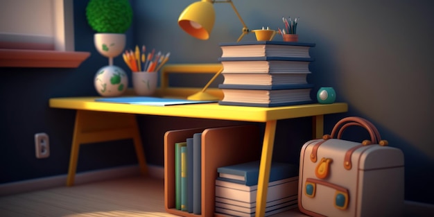Una scrivania con un libro sopra e una borsa di libri sopra.