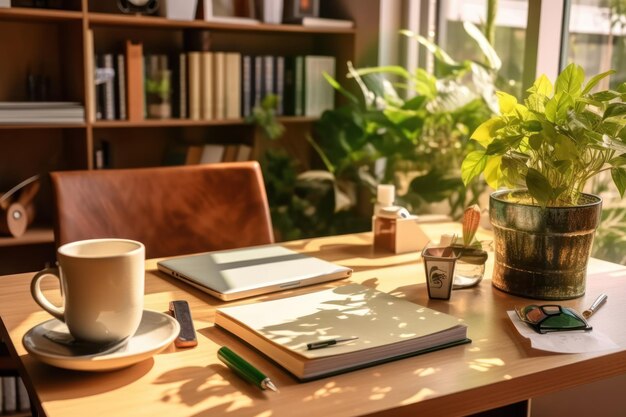 Una scrivania con un libro, una tazza di caffè e una pianta sopra