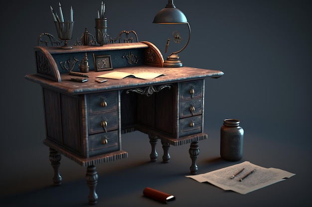 Una scrivania con una lampada e un foglio di carta.
