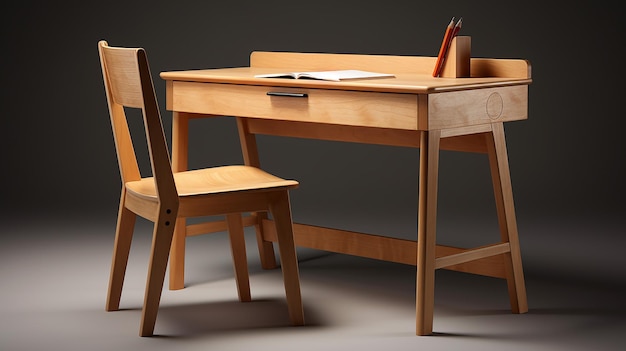 Una scrivania con una sedia e una penna