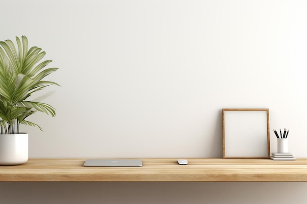 una scrivania di legno con una pianta su di essa e una parete bianca dietro di essa