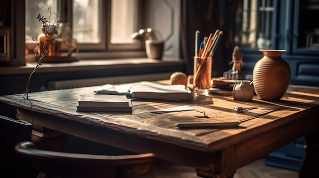 Una scrivania di legno con una tazza d'acqua e un libro sopra