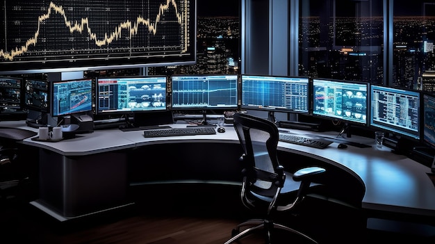Una scrivania di trading high-tech con monitor che mostrano grafici del mercato azionario generati dall'AI