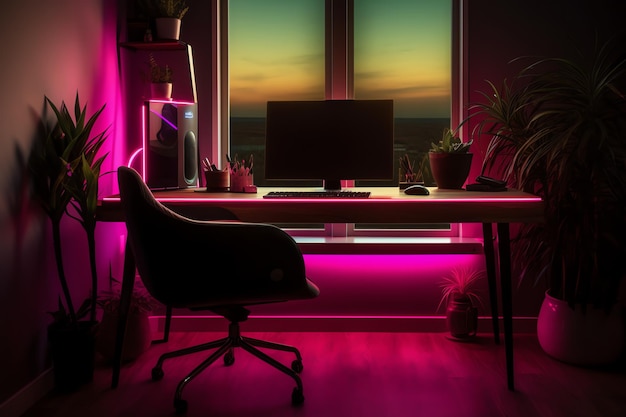 Una scrivania di un computer con una luce viola illuminata con una sedia nera davanti a una finestra