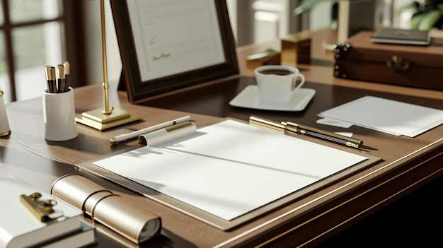 Una scrivania elegante con un cuscinetto di pelle una tazza di caffè alcune penne e un foglio bianco la scrivania è fatta di legno scuro e ha una finitura dorata