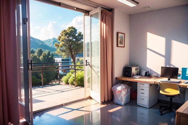 Una scrivania in una stanza con una porta aperta su una vista sulle montagne.