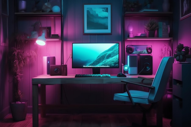 Una scrivania per computer con un monitor e una tastiera con una luce blu.