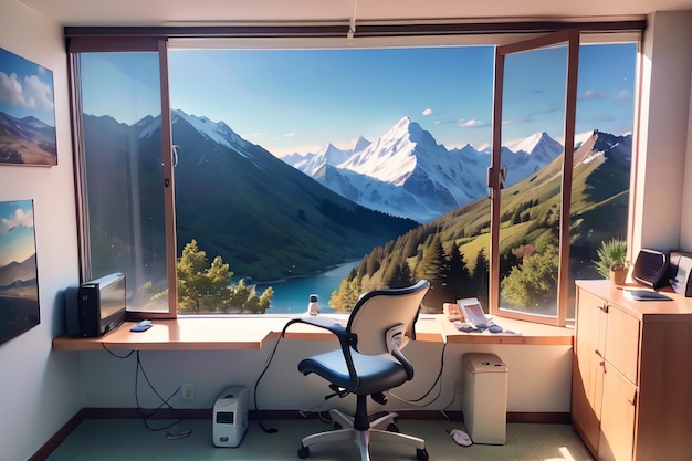 Una scrivania per computer con vista su una montagna e una finestra con vista sulle montagne.
