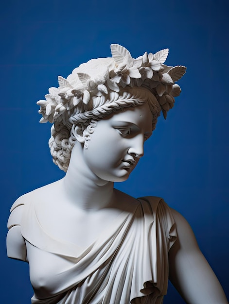 Una scultura bianca con busto di divinità greca nello stile delle riproduzioni storiche con sfondo blu