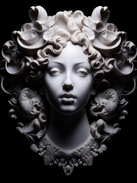 una scultura bianca di una donna con capelli e fiori sopra.