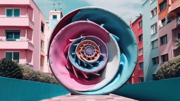 Una scultura colorata di un fiore davanti a un edificio Immagine di intelligenza artificiale generativa