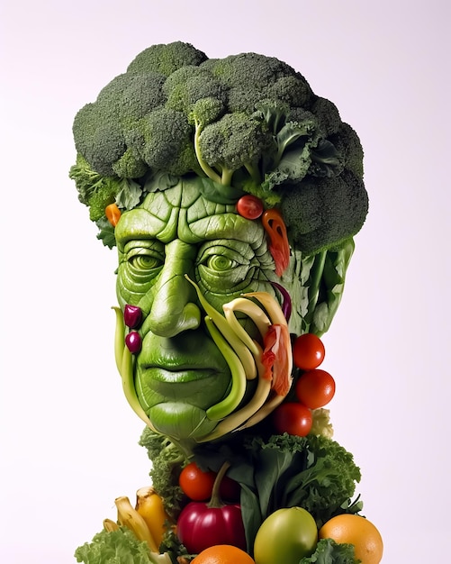 Una scultura della testa di un uomo con sopra dei broccoli