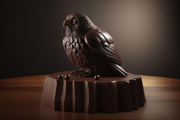 Una scultura di cioccolato di un uccello si trova su un pezzo di legno.