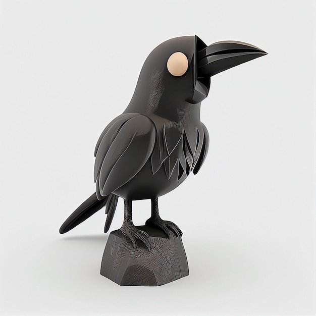 Una scultura di corvo nero con sfondo bianco e becco nero.