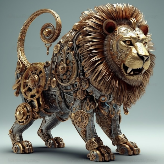 Una scultura di leone d'oro con una catena e ingranaggi su di essa.