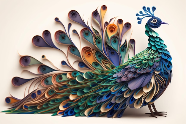 Una scultura di pavone, carta digitale, quilling art, illustrazione digitale generata dall'AI.