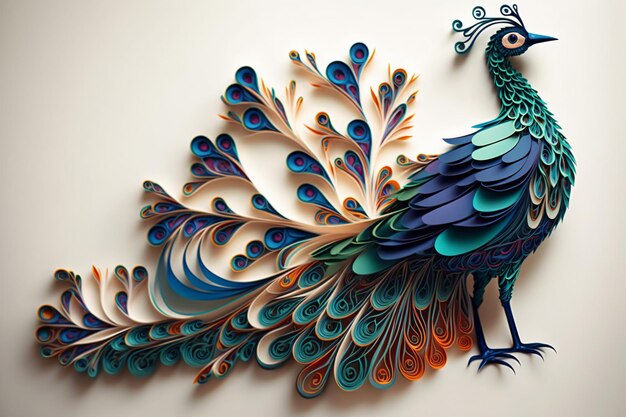 Una scultura di pavone, carta digitale, quilling art, illustrazione digitale generata dall'AI.