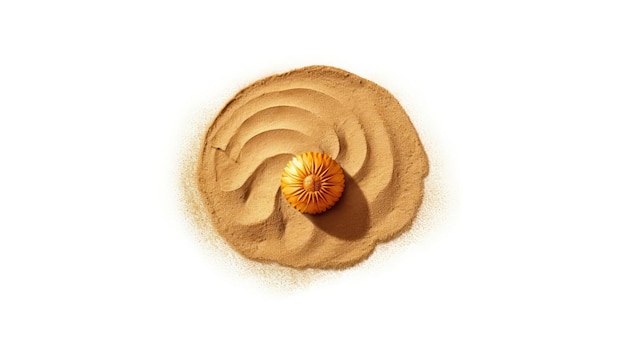 Una scultura di sabbia con sopra una conchiglia arancione rotonda.