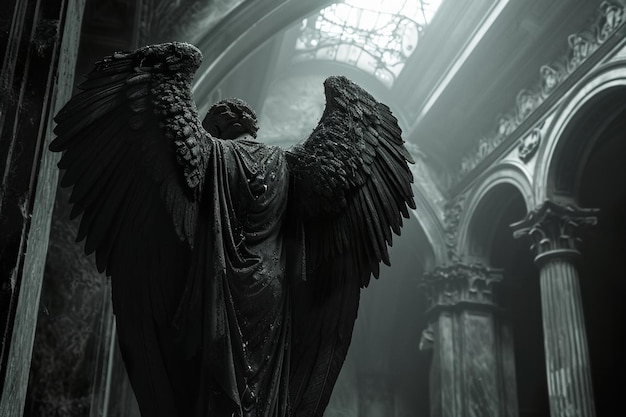 Una scultura di un angelo in volo con le ali elegantemente spalancate che esprime una serena determinazione